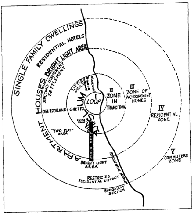 Concentric Zone Model applied to Chicago of the 1920s (Park and Burgess [1925]1984:155)